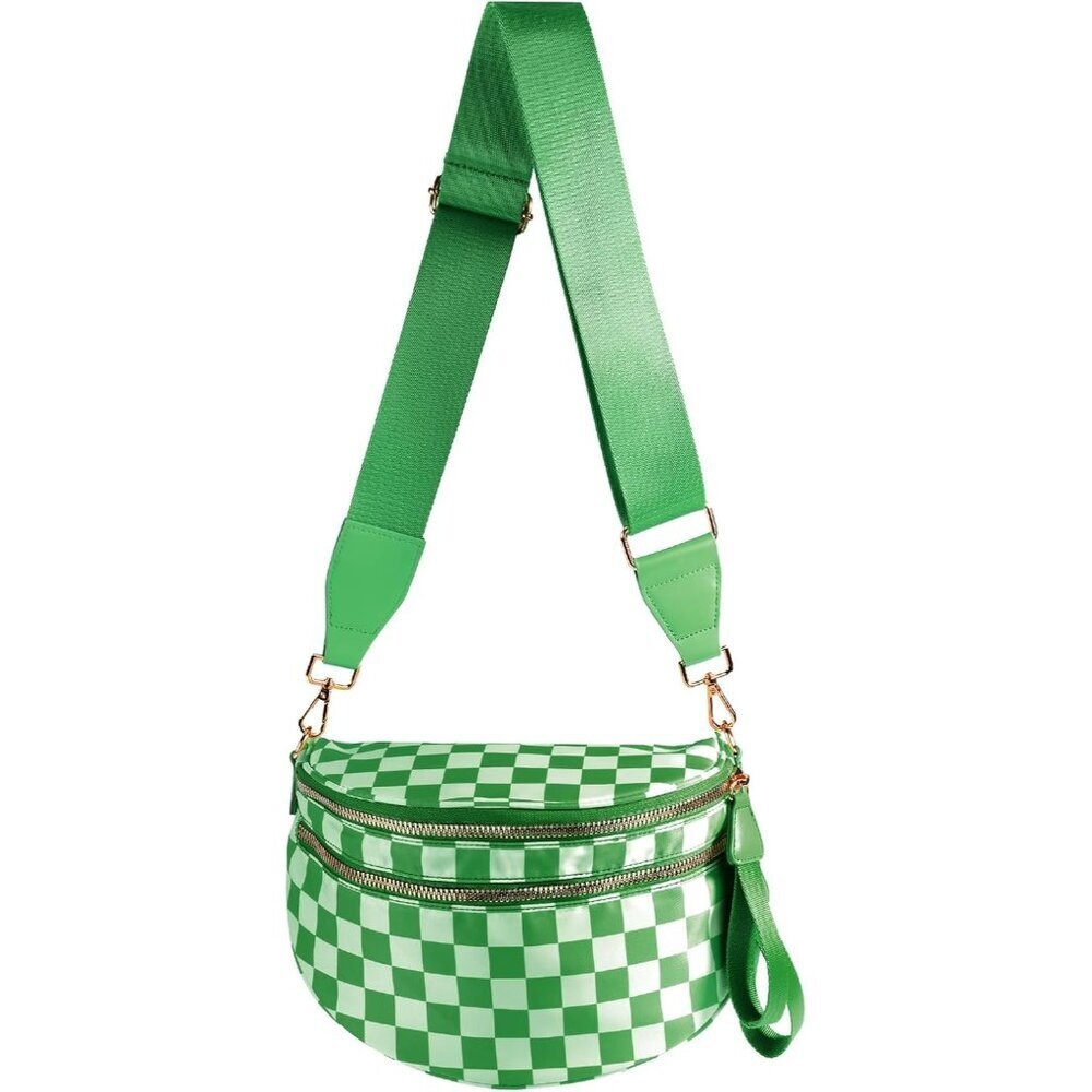 Women Kelly Green Imported Polyester Checkered Crossbody Fanny Belt Bum Bag